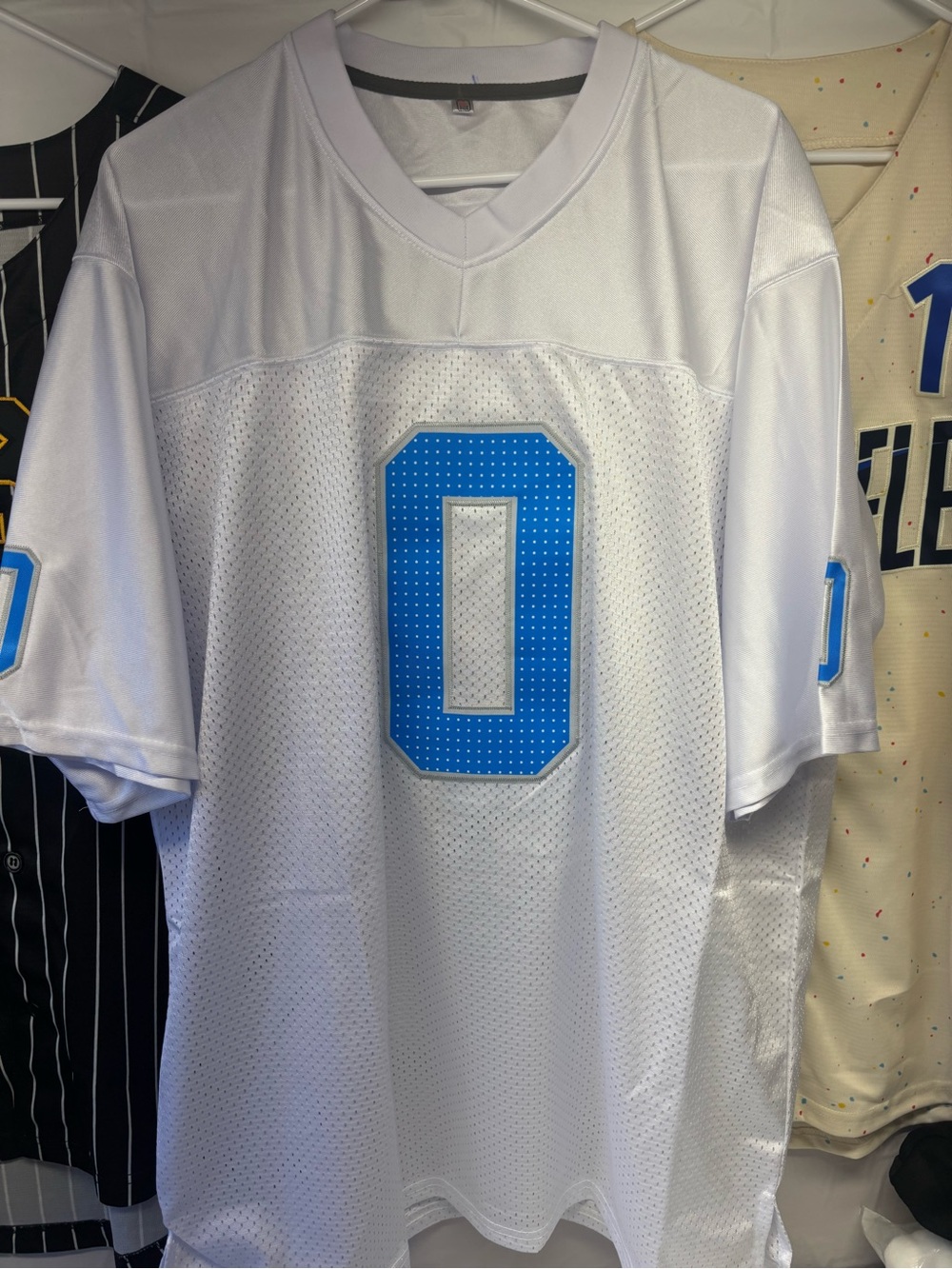 Men's White Athletic Jersey with Sky Blue Number 0